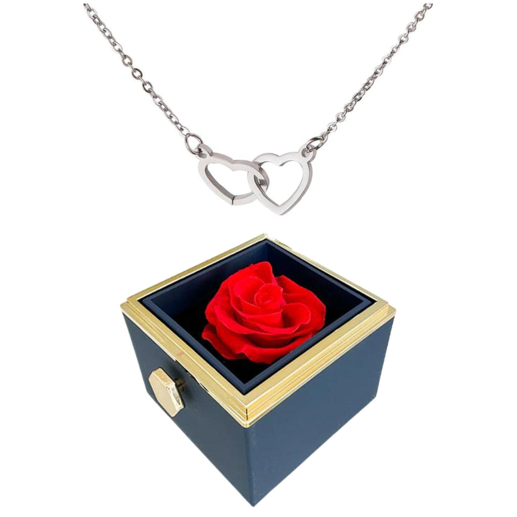 Boîte à roses rotatives Eternally Preserved - avec collier en forme de coeur gravé
